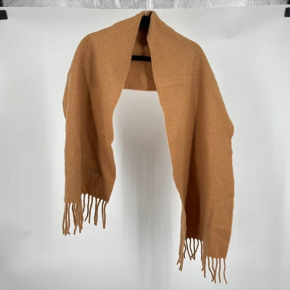 Vintage 90s Fendi Brown Wool Tassel Scarf Archival Embroidered Fall Quiet Luxury